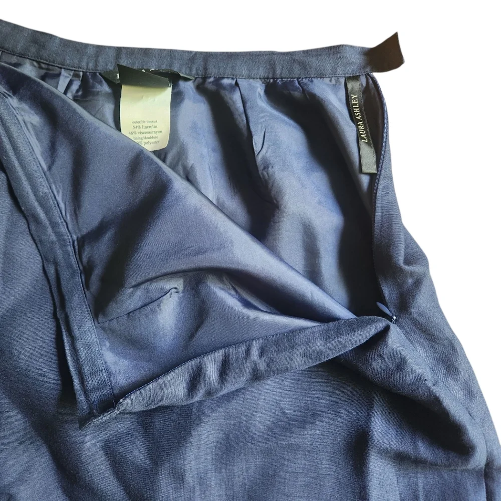 Laura Ashley Blue Linen Blend Size 10 Lined Pockets Classic Midi Vintage A-Line